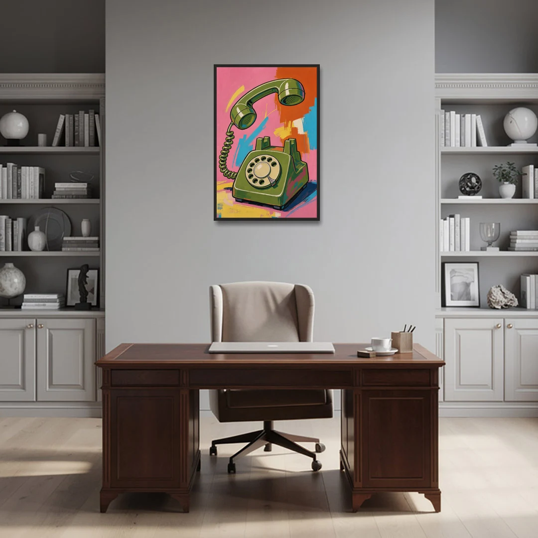 Green Rotary Phone With the Handset Lifted - Black Framed Canvas Wall Art - Office - 24x36