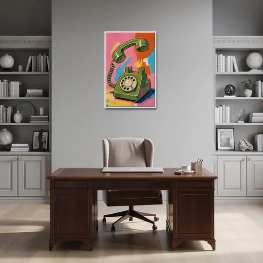 Green Rotary Phone With the Handset Lifted - White Framed Canvas Wall Art - Office - 24x36