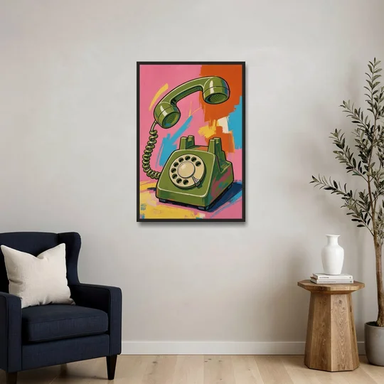 Green Rotary Phone With the Handset Lifted - Black Framed Canvas Wall Art - Sofa - 24x36