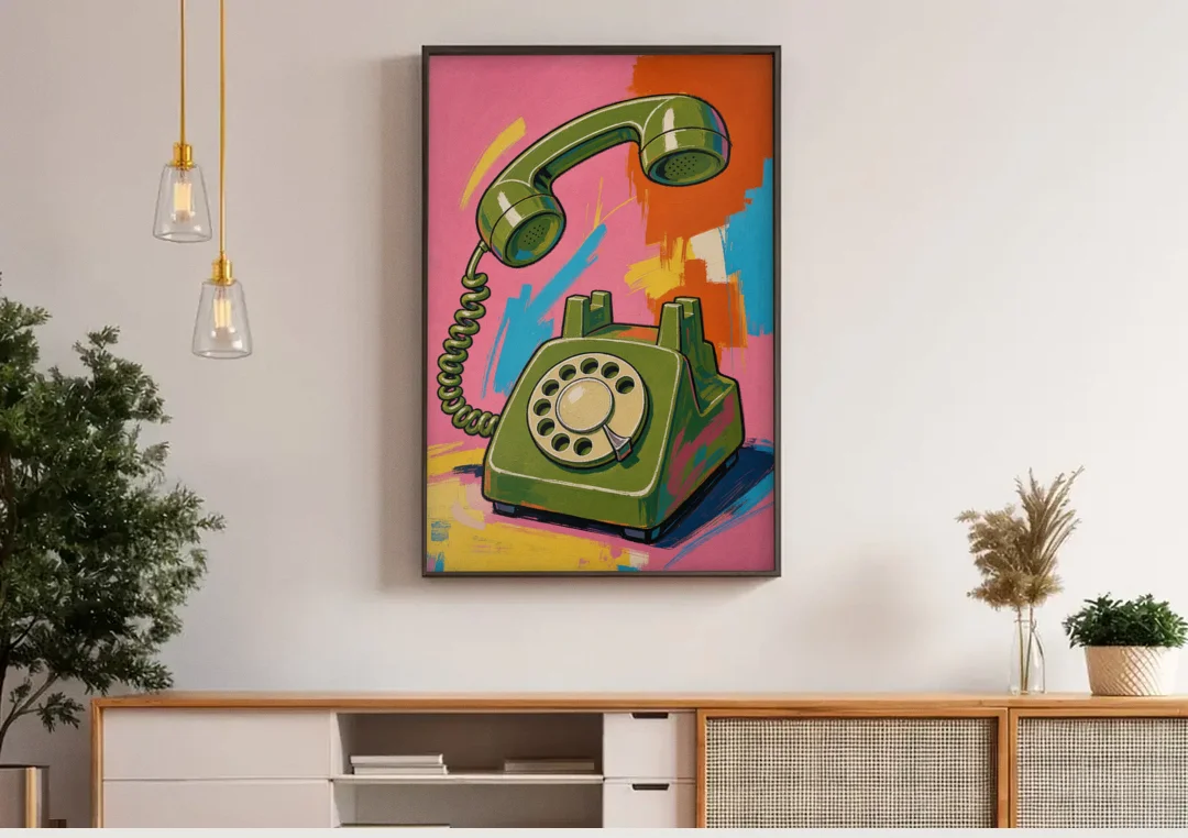 Green Rotary Phone With the Handset Lifted canvas wall art above a wooden sideboard under pendant lights