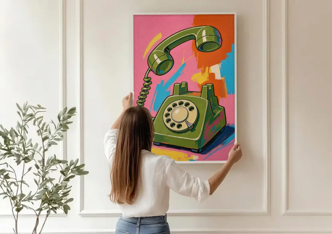 Green Rotary Phone With the Handset Lifted canvas wall art being hung on a paneled wall