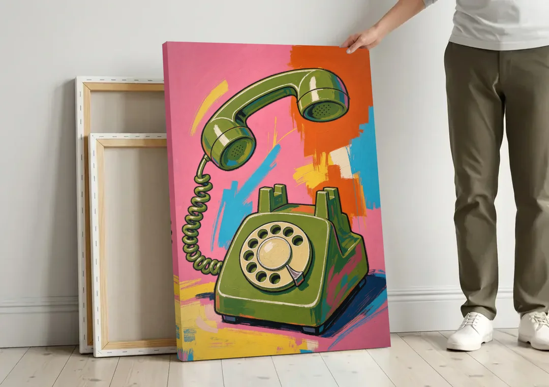 Green Rotary Phone With the Handset Lifted canvas wall art leaning against a wall next to blank canvases