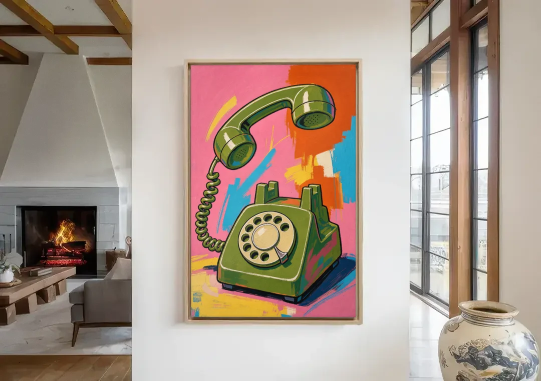 Green Rotary Phone With the Handset Lifted canvas wall art in a living room with a fireplace