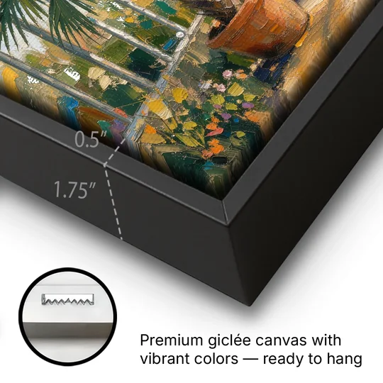 Greenhouse Painting of Palms at Midday - Black Framed Canvas Wall Art - Gallery Wrap Corner