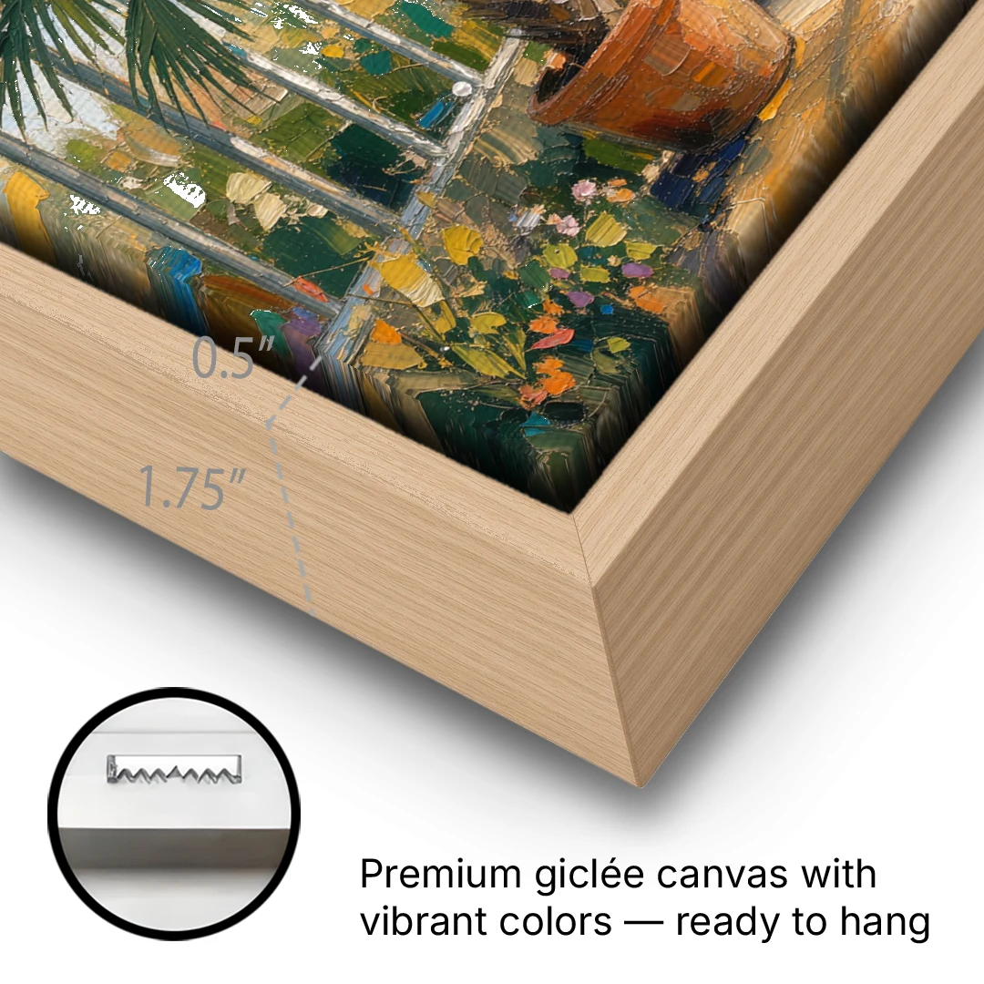 Greenhouse Painting of Palms at Midday - Oak Framed Canvas Wall Art - Gallery Wrap Corner
