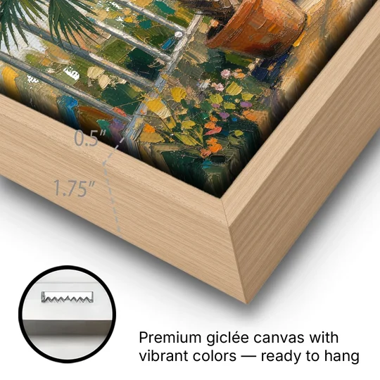 Greenhouse Painting of Palms at Midday - Oak Framed Canvas Wall Art - Gallery Wrap Corner