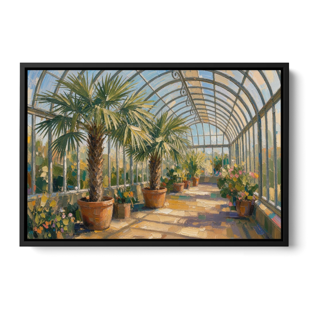 Greenhouse Painting of Palms at Midday - Black Framed Canvas Wall Art - Front