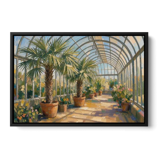 Greenhouse Painting of Palms at Midday - Black Framed Canvas Wall Art - Front