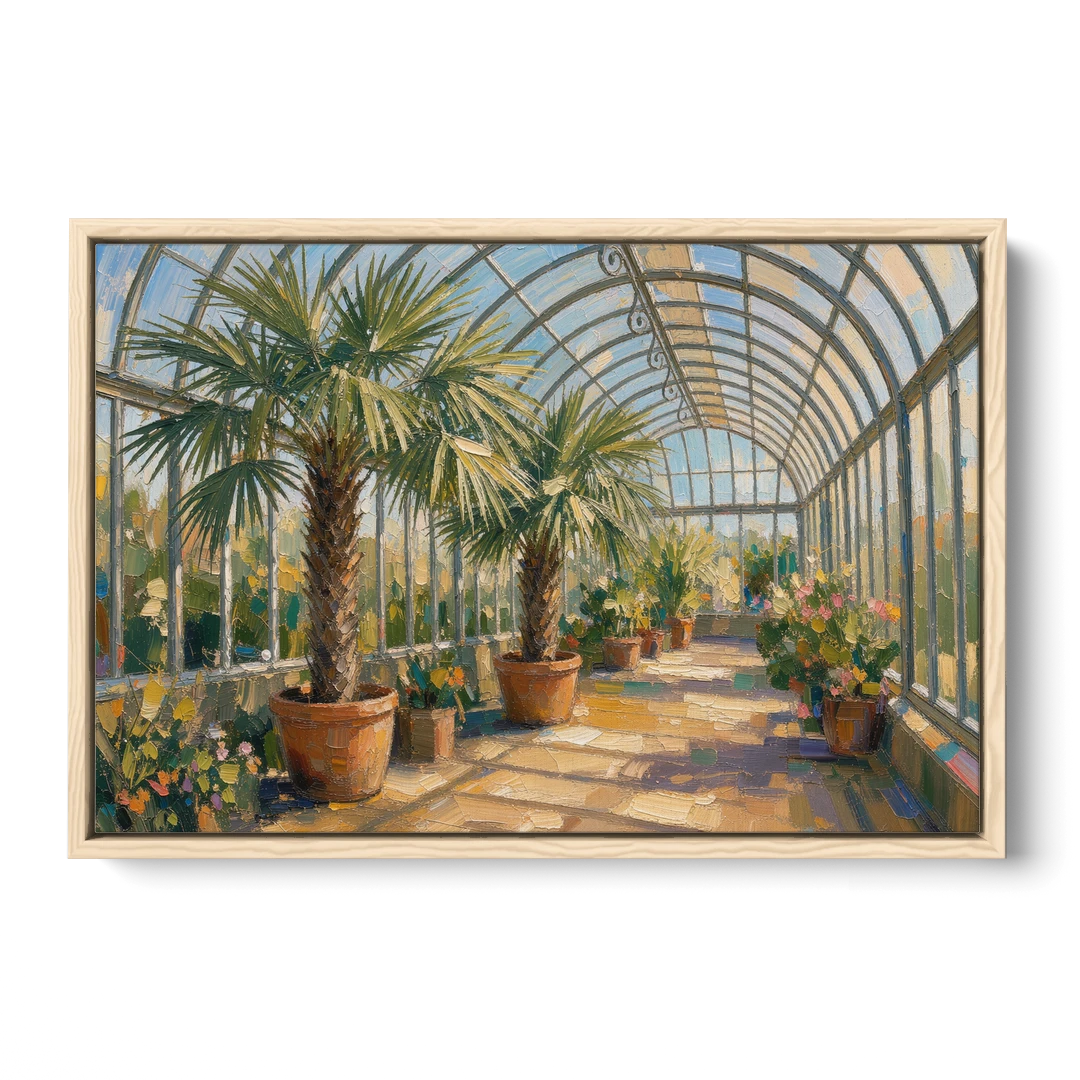 Greenhouse Painting of Palms at Midday - Oak Framed Canvas Wall Art - Front