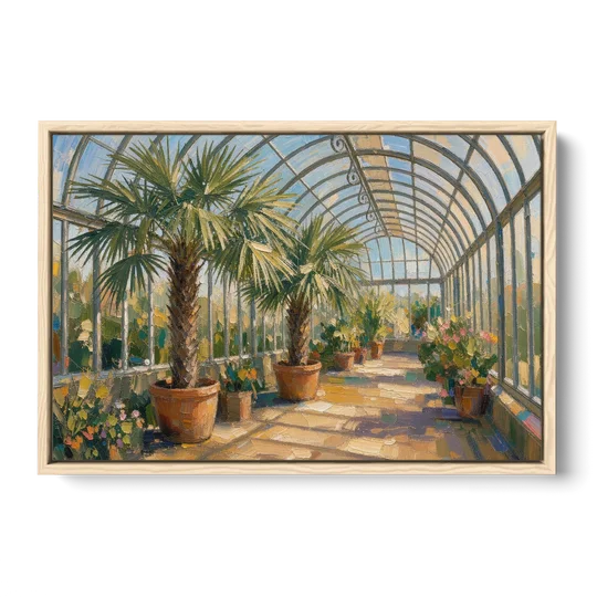 Greenhouse Painting of Palms at Midday - Oak Framed Canvas Wall Art - Front
