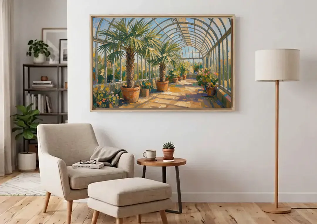 Greenhouse Painting of Palms at Midday canvas wall art above an armchair in a bright living room