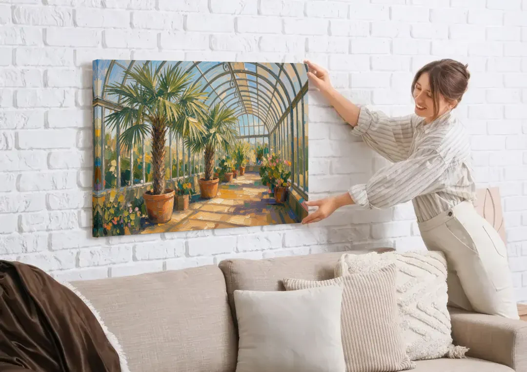 Greenhouse Painting of Palms at Midday canvas wall art being hung on a white brick wall above a sofa