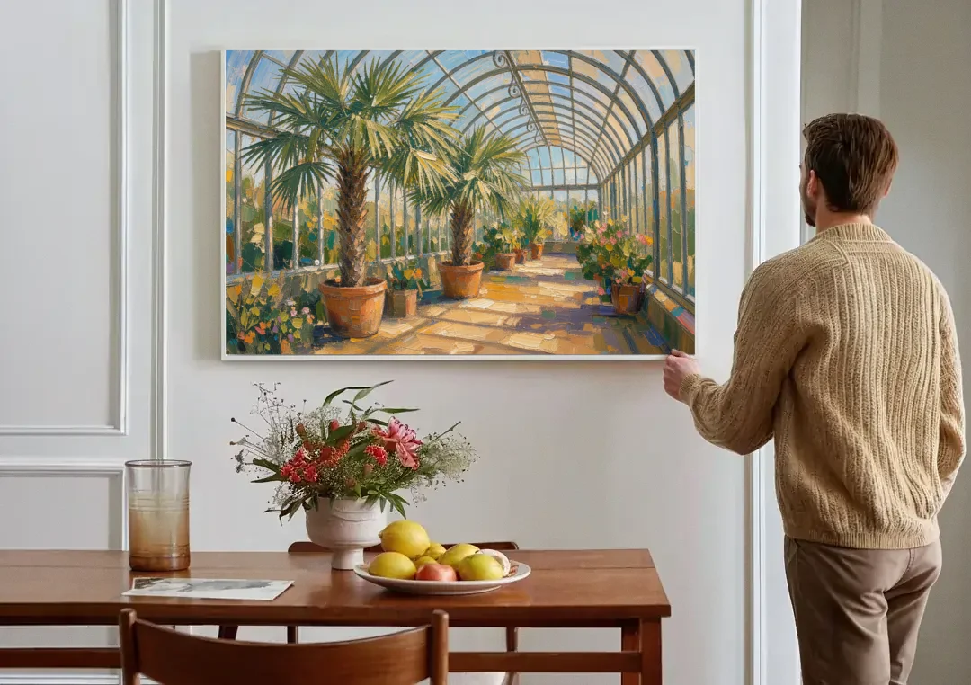 Greenhouse Painting of Palms at Midday canvas wall art above a dining table