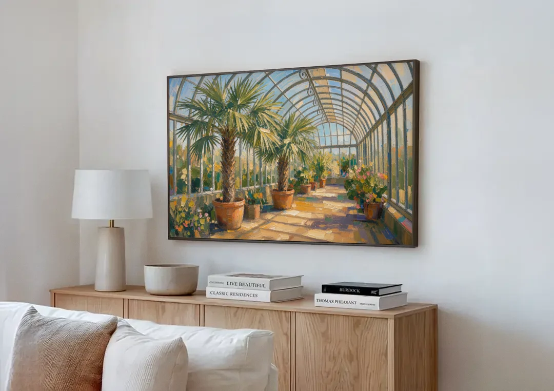 Greenhouse Painting of Palms at Midday canvas wall art above a wooden sideboard next to a sofa