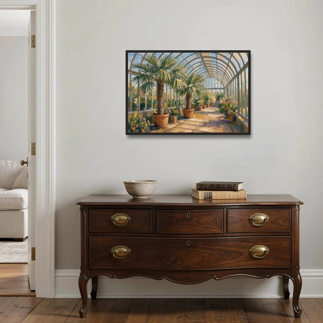 Greenhouse Painting of Palms at Midday - Black Framed Canvas Wall Art - Coffee Table - 36x24