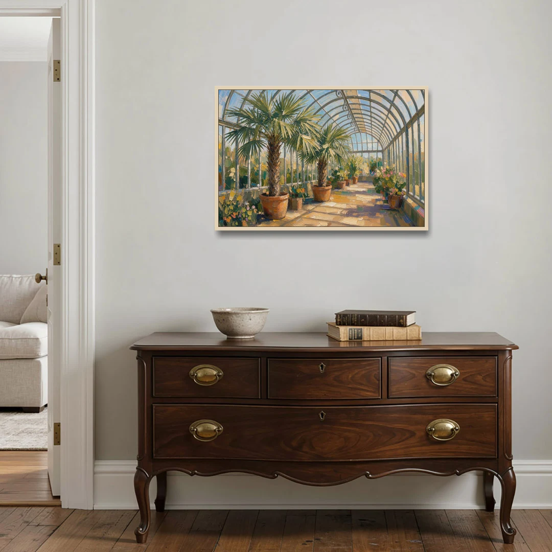 Greenhouse Painting of Palms at Midday - Oak Framed Canvas Wall Art - Coffee Table - 36x24