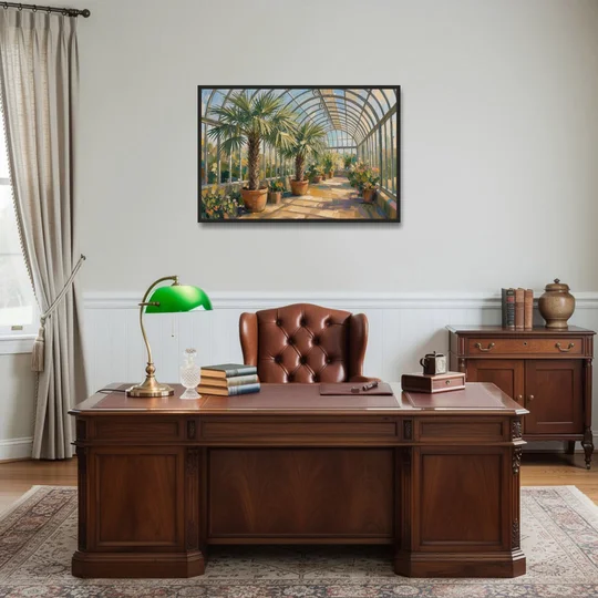 Greenhouse Painting of Palms at Midday - Black Framed Canvas Wall Art - Office - 36x24