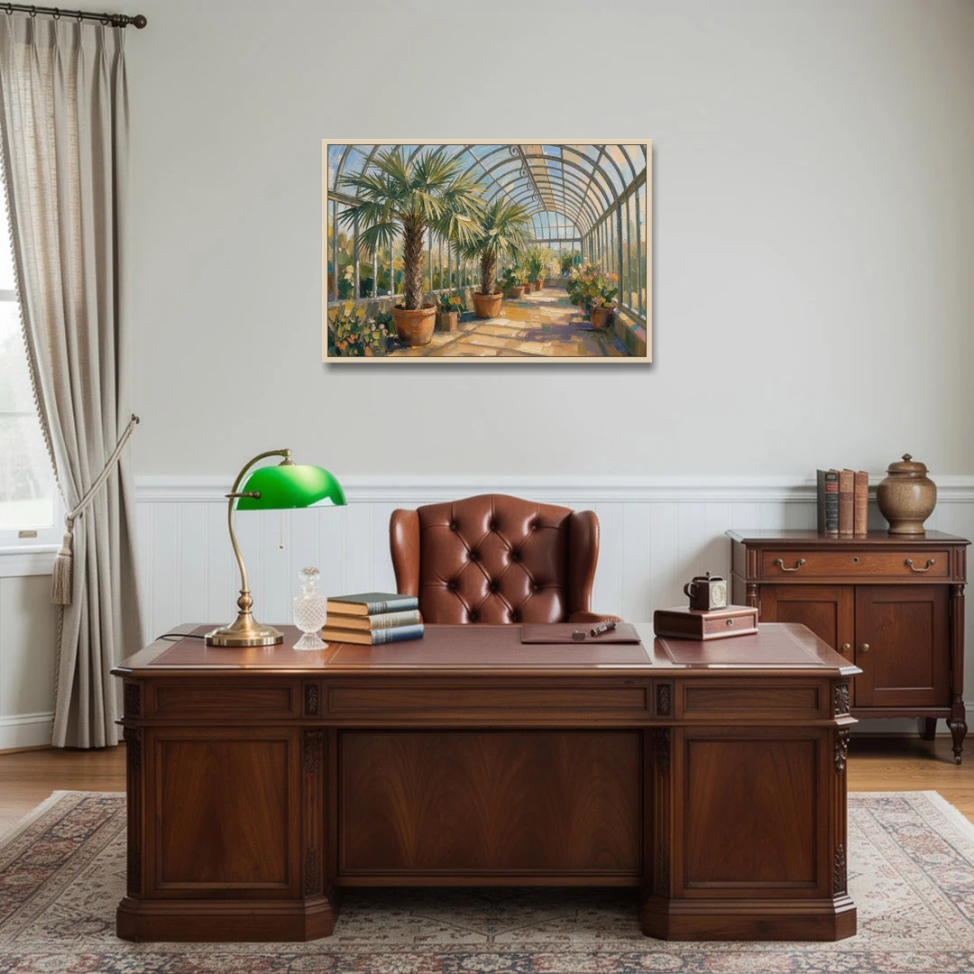 Greenhouse Painting of Palms at Midday - Oak Framed Canvas Wall Art - Office - 36x24