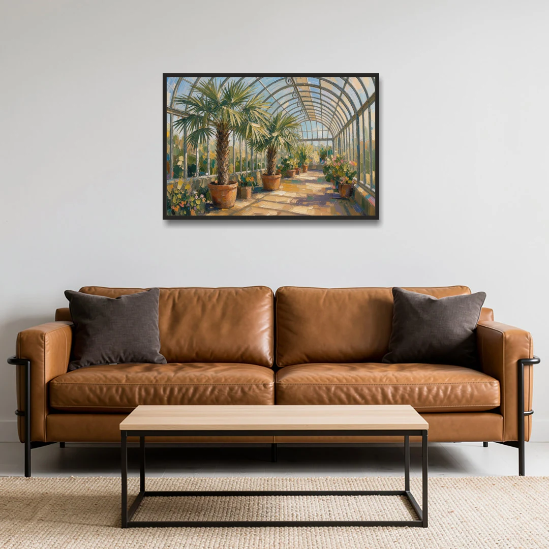 Greenhouse Painting of Palms at Midday - Black Framed Canvas Wall Art - Sofa - 36x24