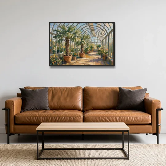Greenhouse Painting of Palms at Midday - Black Framed Canvas Wall Art - Sofa - 36x24
