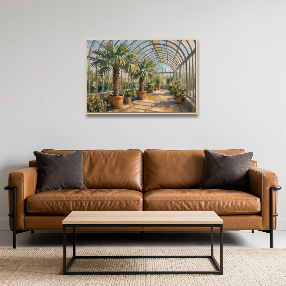Greenhouse Painting of Palms at Midday - Oak Framed Canvas Wall Art - Sofa - 36x24