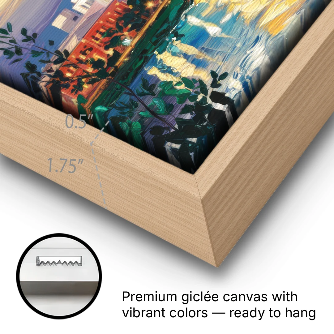 Greensboro Cityscape Panorama - Oak Framed Canvas Wall Art - Gallery Wrap Corner