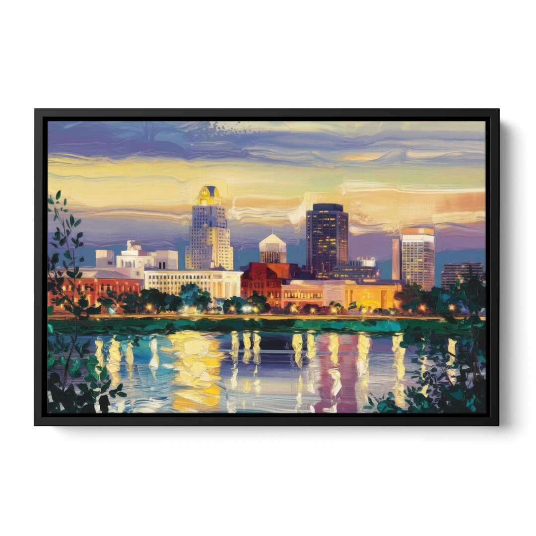 Greensboro Cityscape Panorama - Black Framed Canvas Wall Art - Front