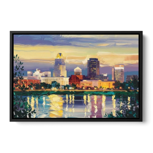 Greensboro Cityscape Panorama - Black Framed Canvas Wall Art - Front