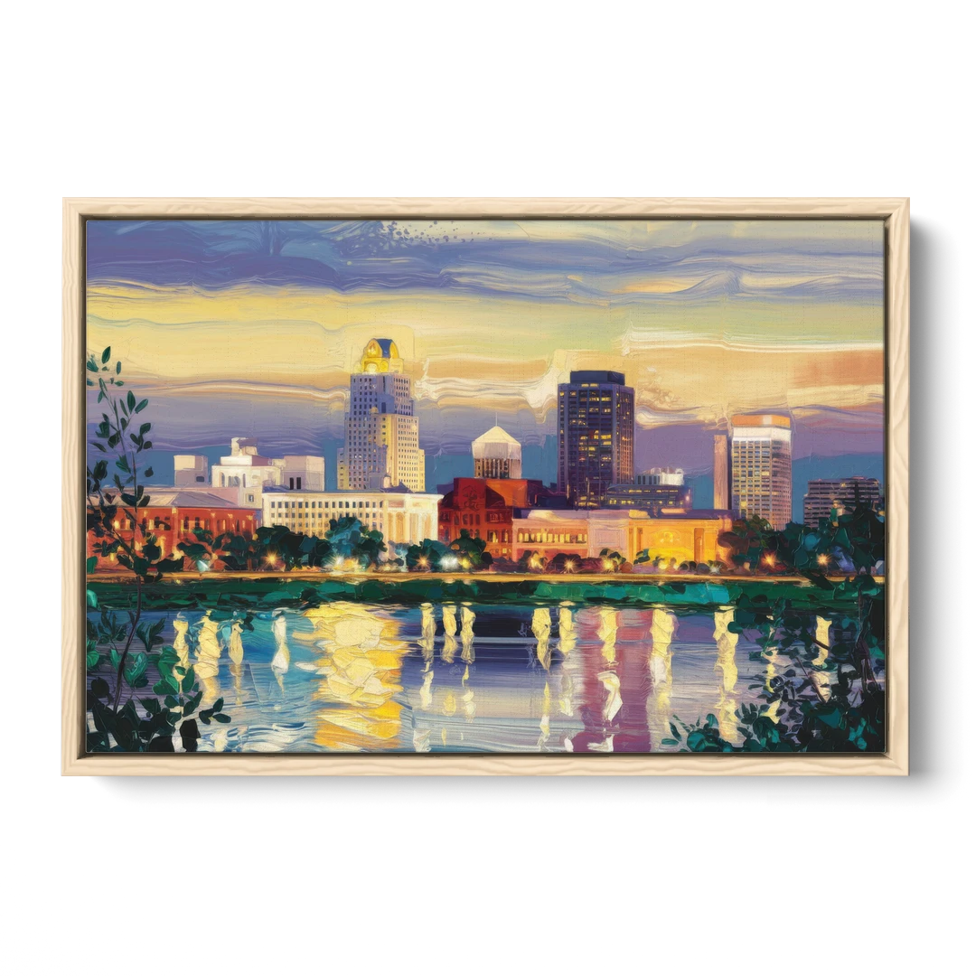 Greensboro Cityscape Panorama - Oak Framed Canvas Wall Art - Front