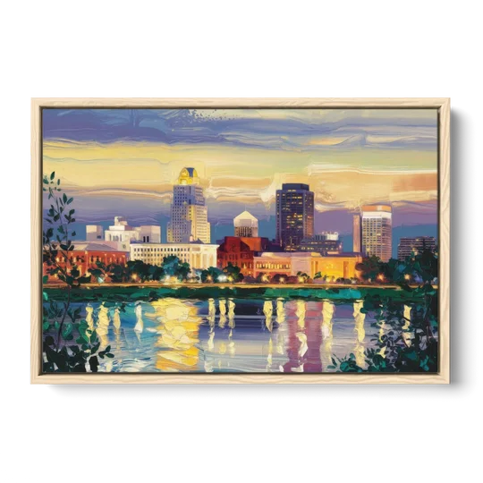 Greensboro Cityscape Panorama - Oak Framed Canvas Wall Art - Front