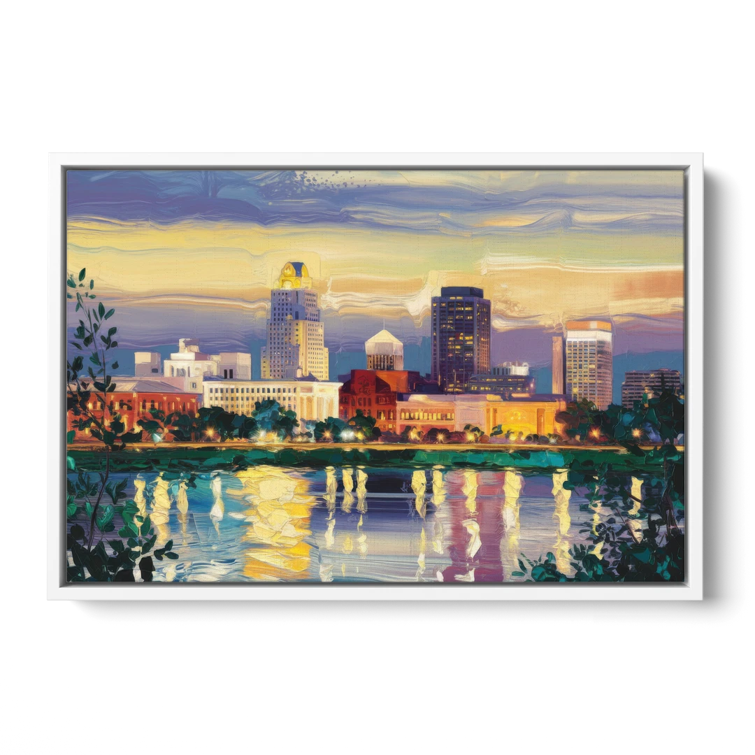 Greensboro Cityscape Panorama - White Framed Canvas Wall Art - Front