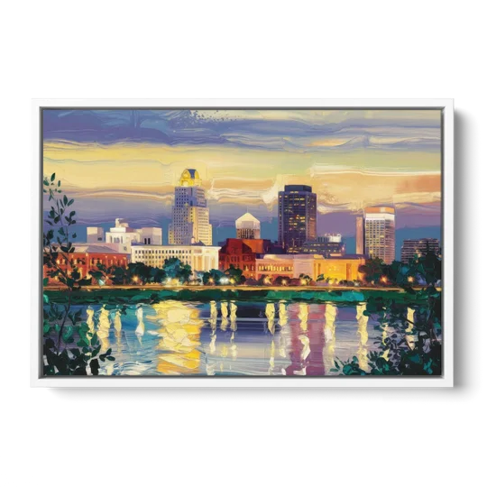 Greensboro Cityscape Panorama - White Framed Canvas Wall Art - Front