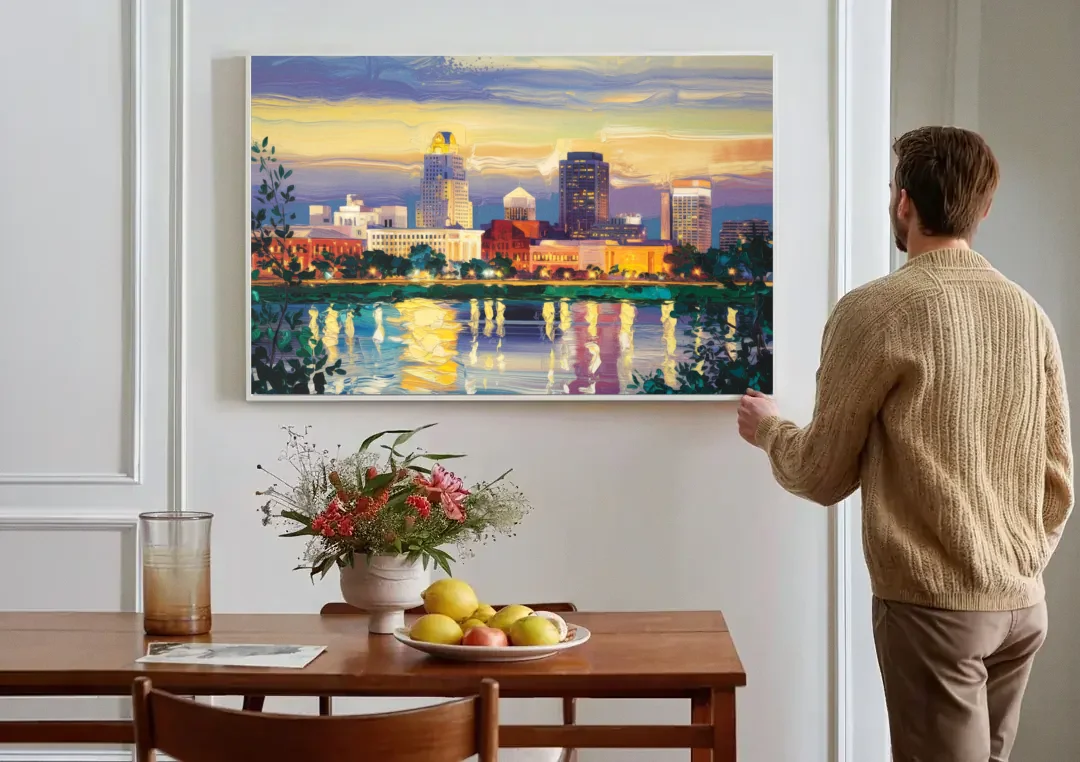Greensboro Cityscape Panorama canvas wall art above a dining table