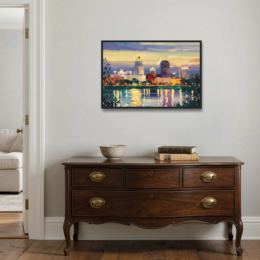 Greensboro Cityscape Panorama - Black Framed Canvas Wall Art - Coffee Table - 36x24