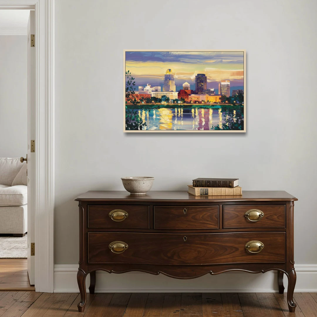 Greensboro Cityscape Panorama - Oak Framed Canvas Wall Art - Coffee Table - 36x24