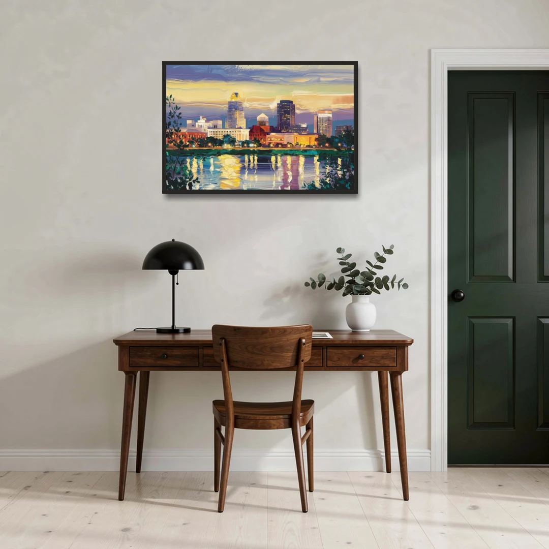 Greensboro Cityscape Panorama - Black Framed Canvas Wall Art - Office - 36x24