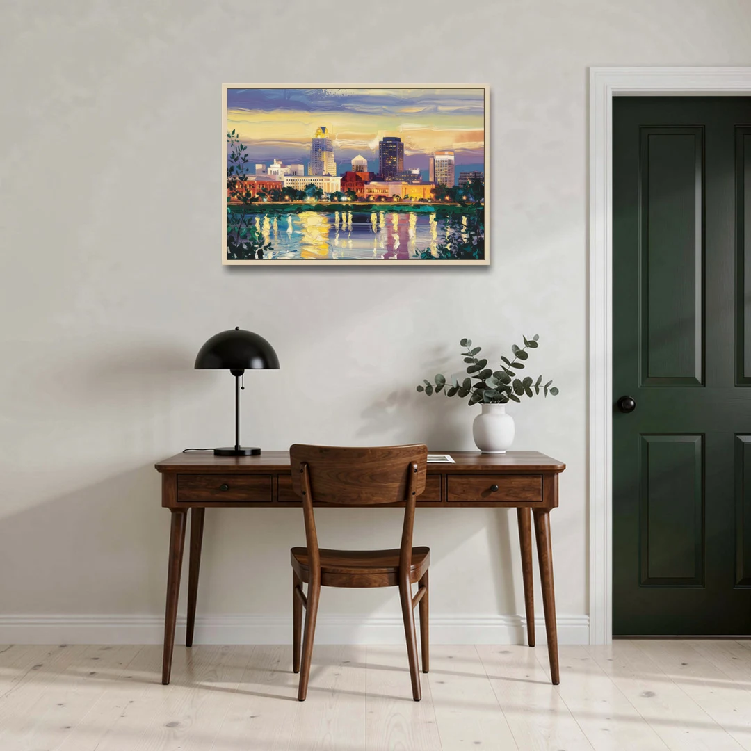 Greensboro Cityscape Panorama - Oak Framed Canvas Wall Art - Office - 36x24