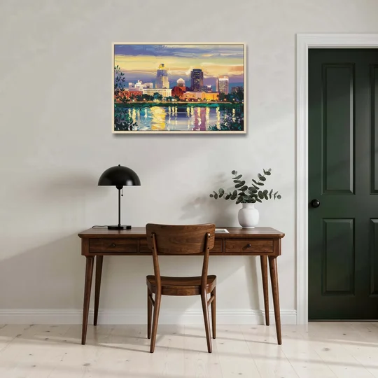 Greensboro Cityscape Panorama - Oak Framed Canvas Wall Art - Office - 36x24