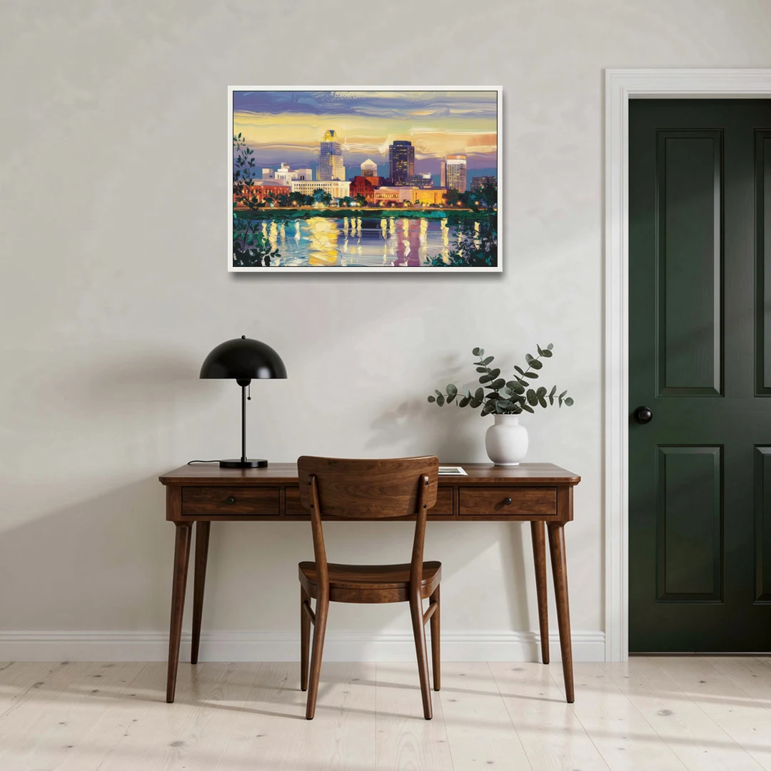Greensboro Cityscape Panorama - White Framed Canvas Wall Art - Office - 36x24