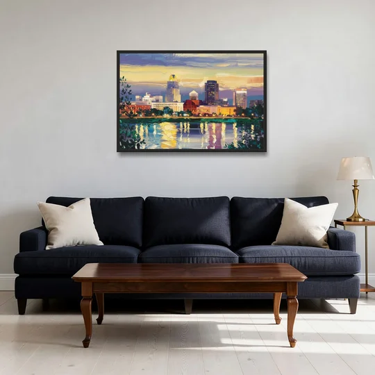 Greensboro Cityscape Panorama - Black Framed Canvas Wall Art - Sofa - 36x24