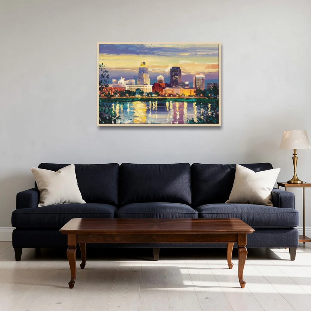Greensboro Cityscape Panorama - Oak Framed Canvas Wall Art - Sofa - 36x24