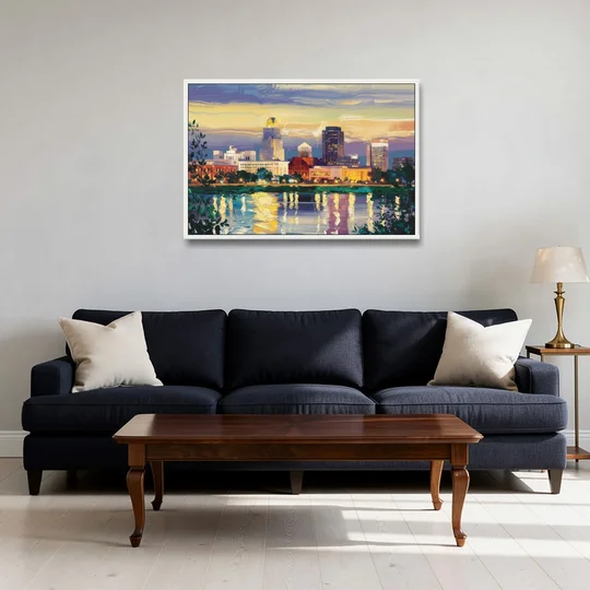 Greensboro Cityscape Panorama - White Framed Canvas Wall Art - Sofa - 36x24