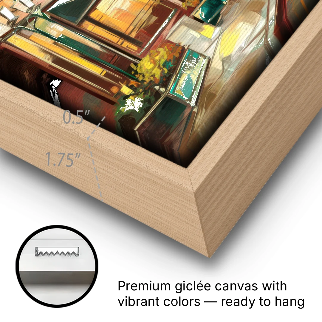 Greensboro Downtown Streetscape - Oak Framed Canvas Wall Art - Gallery Wrap Corner