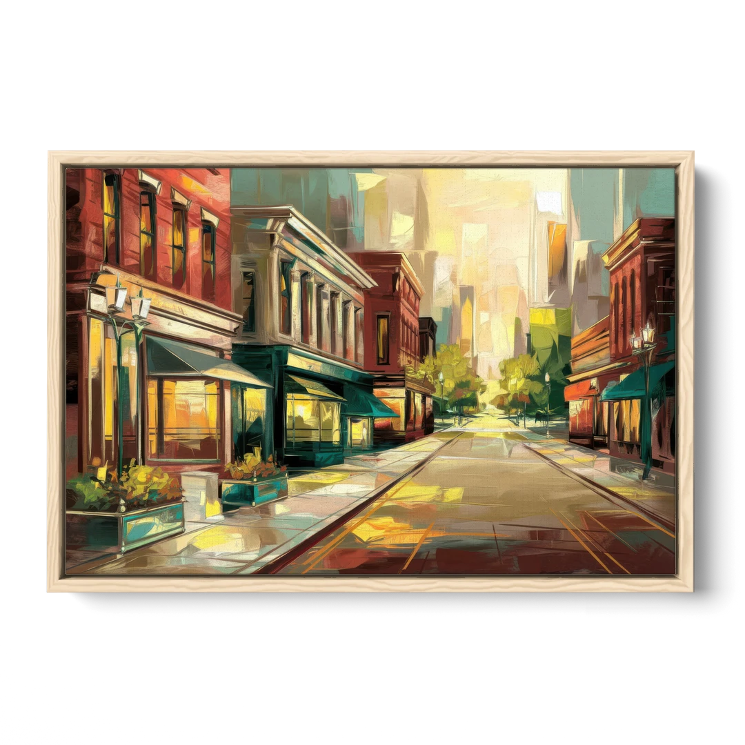 Greensboro Downtown Streetscape - Oak Framed Canvas Wall Art - Front