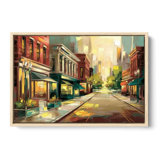 Greensboro Downtown Streetscape - Oak Framed Canvas Wall Art - Front