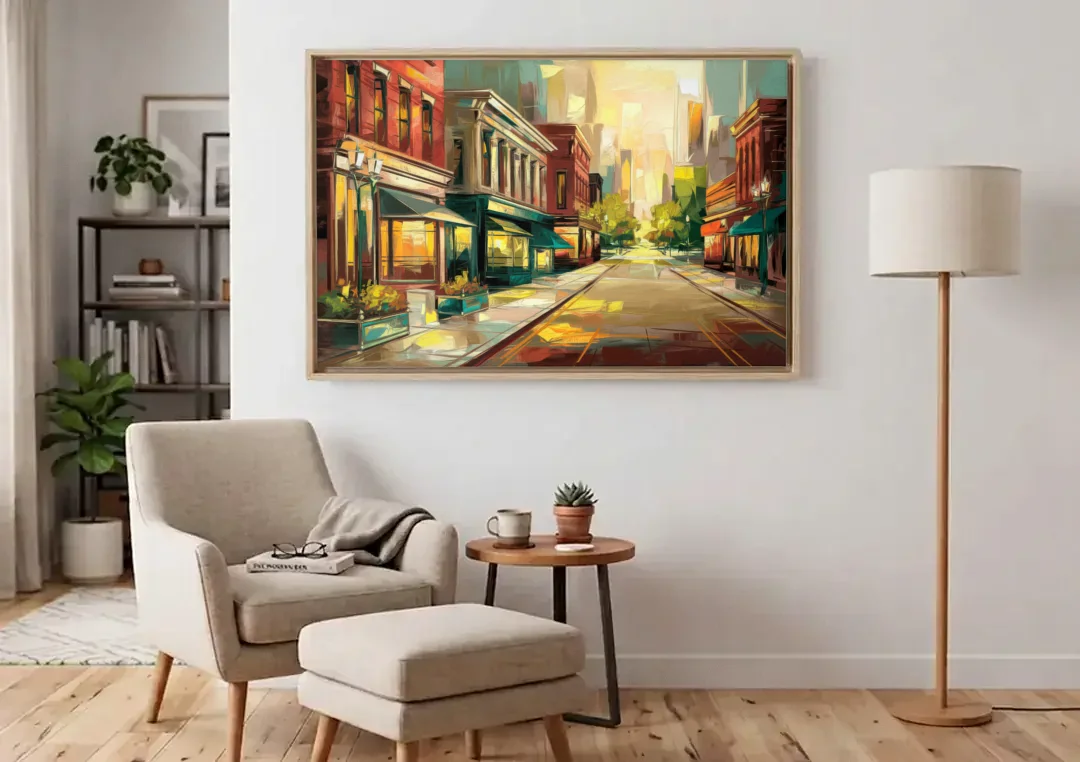 Greensboro Downtown Streetscape canvas wall art above an armchair in a bright living room