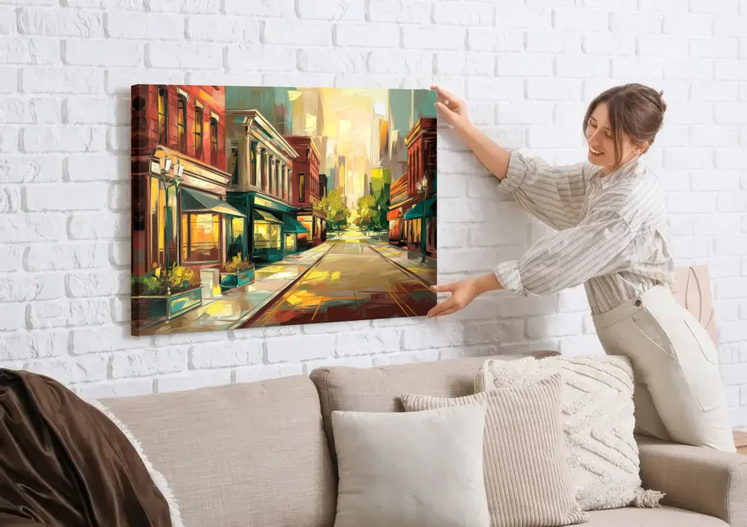 Greensboro Downtown Streetscape canvas wall art being hung on a white brick wall above a sofa