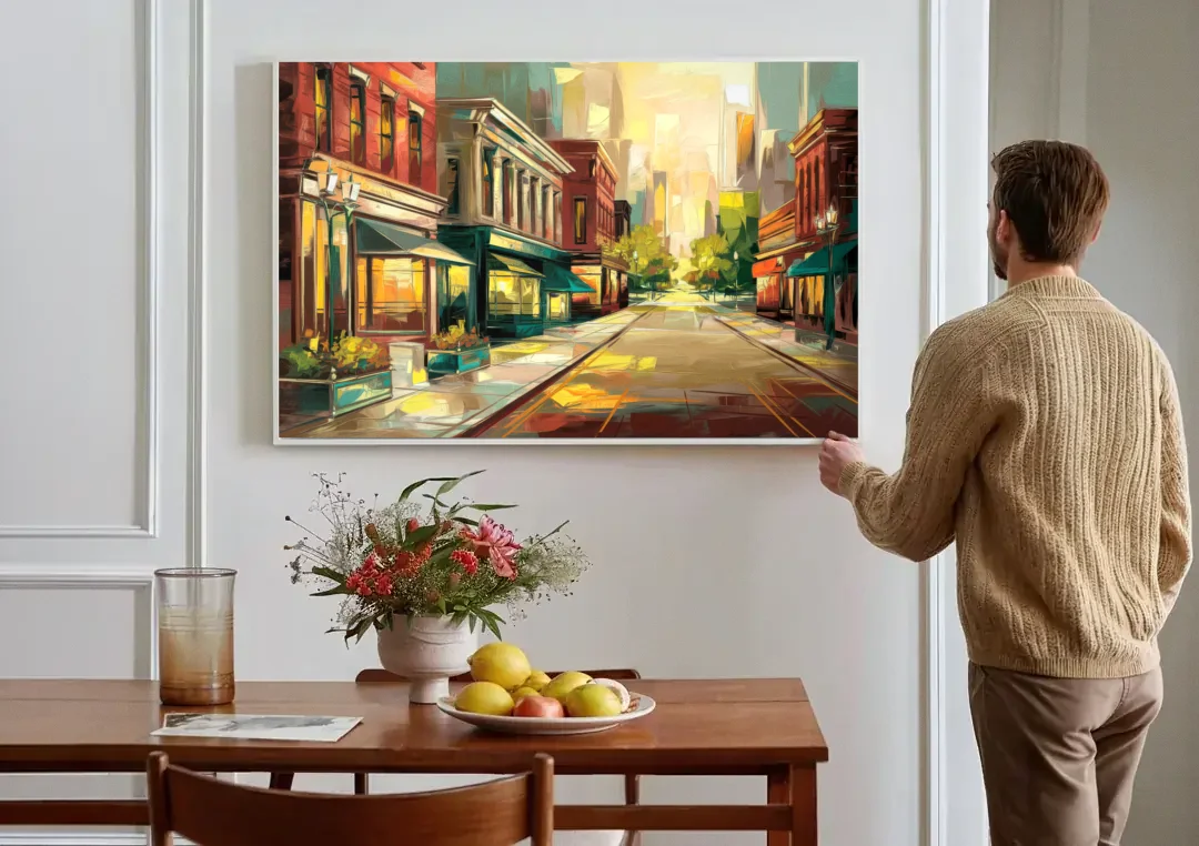 Greensboro Downtown Streetscape canvas wall art above a dining table