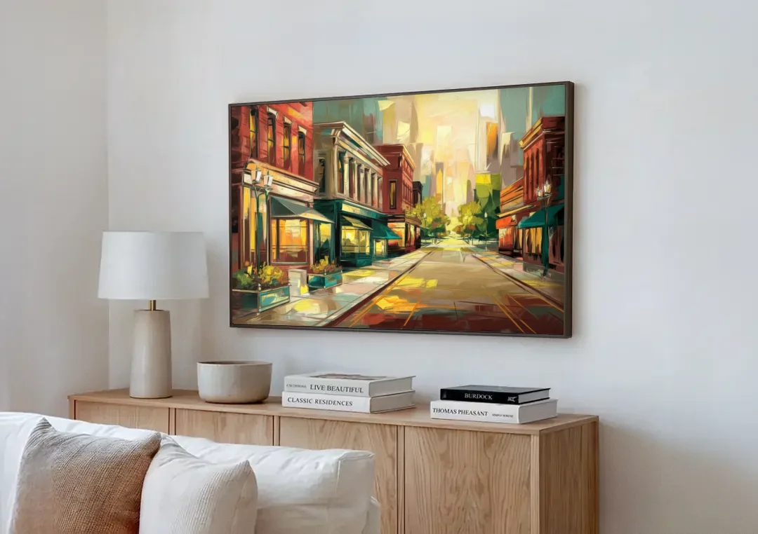 Greensboro Downtown Streetscape canvas wall art above a wooden sideboard next to a sofa