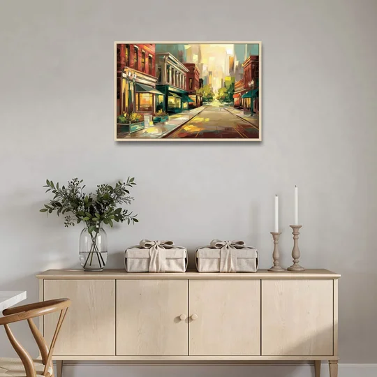 Greensboro Downtown Streetscape - Oak Framed Canvas Wall Art - Coffee Table - 36x24